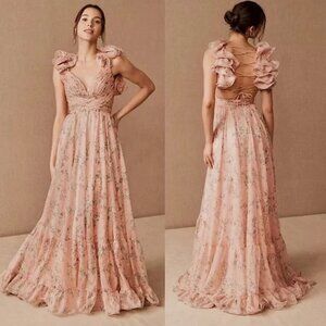 Mac Duggal Chiffon Maxi Gown Floral Backless Padded Cutout Ruffle Pink Green New